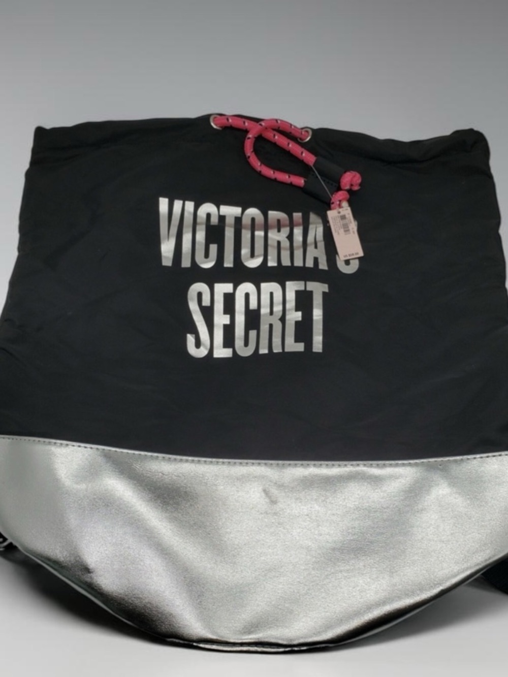 NWT Victoria's Secret Black Backpack with Silver Base and Pink Cord - Picture 6 of 6
